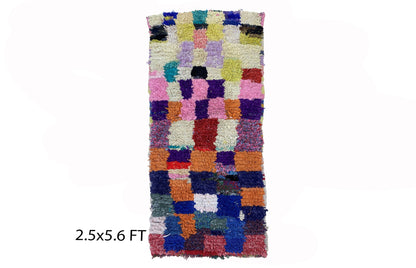 Moroccan vintage colorful rug 2.5x6, small checkered area rugs.