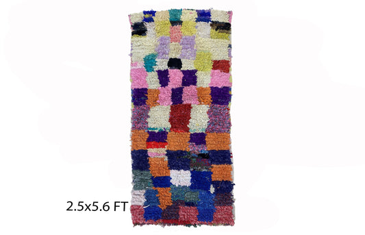 Moroccan vintage colorful rug 2.5x6, small checkered area rugs.