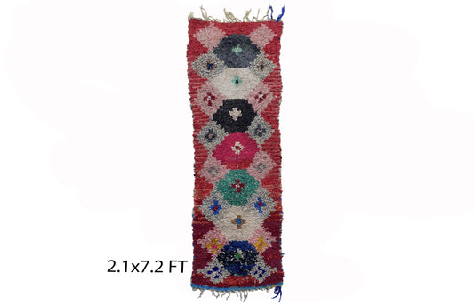 Boucherouite vintage runner rug 2x7, Moroccan Berber rug runner.