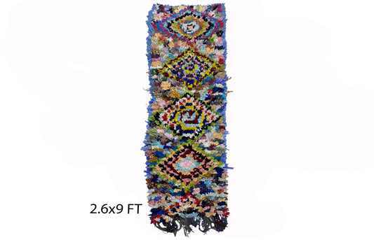 Long colorful Diamond runner rug 9x3, Moroccan Berber rugs runner.