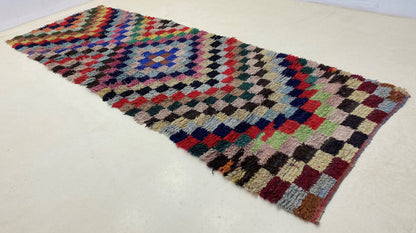 Checkered vintage 4x10 runner rug, colorful Berber rug runner.