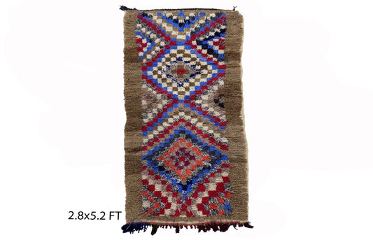 Small Moroccan checkered 3x5 rug, vintage colorful area rugs.