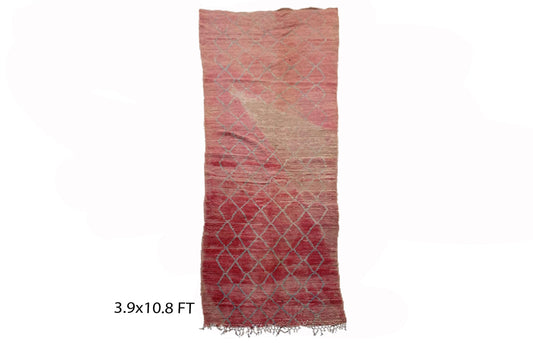 Moroccan grid red runner rug 4x11, Long Berber vintage rug runner.
