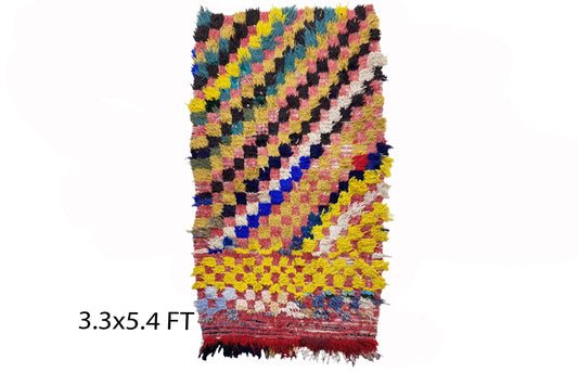 Small vintage checkered area rug 3x5, Moroccan colorful rugs.
