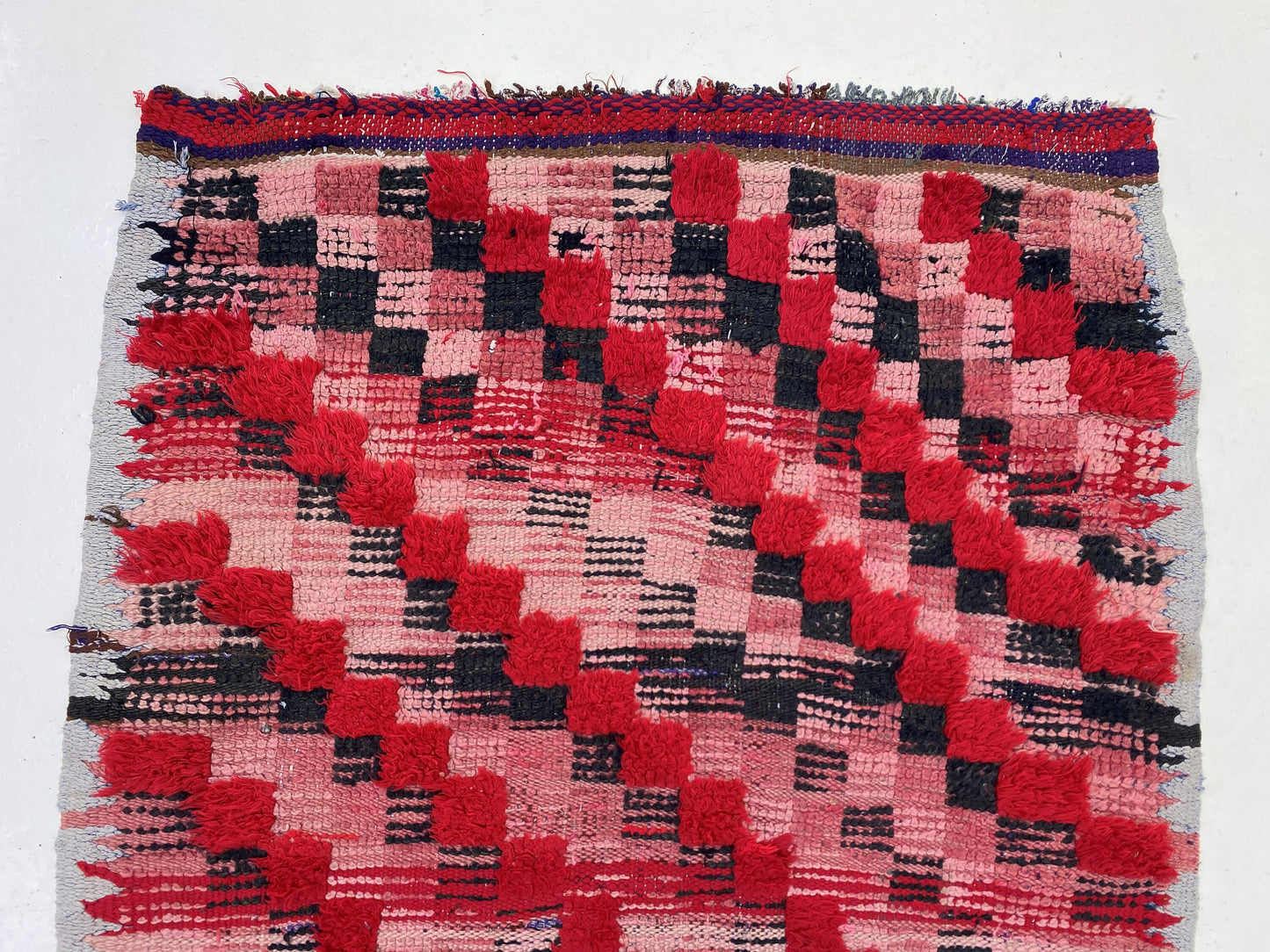 Vintage colorful rug 3x6, Moroccan checkered rug.