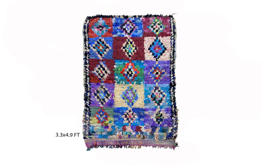 Vintage Moroccan Colorful Rug 3x5, Boucherouite small rug.