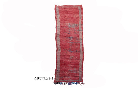 Extra Narrow vintage runner rug 3x11.5, Moroccan red rug runner.