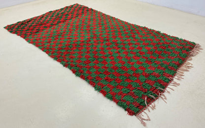 Checkered red and green rug 5x8, Moroccan vintage area rug.