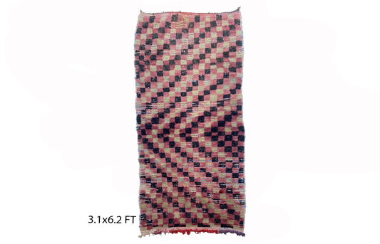 Vintage Checkered rug 3x6, small Moroccan Berber rug.