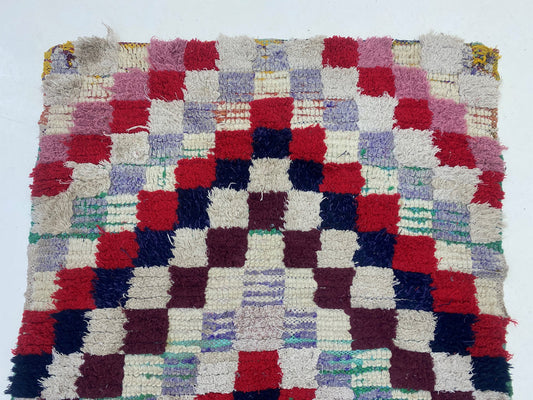 Vintage colorful checkered rug 4x7, Narrow Moroccan rug.