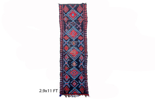 Long diamond rug runner 3x11, Moroccan vintage runner rug.