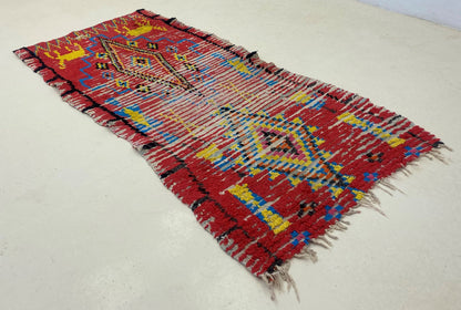 Moroccan colorful faded rug 3x6, Berber vintage used rugs.