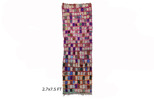 Checkered colorful runner rug 3x8, Moroccan faded rug runner.