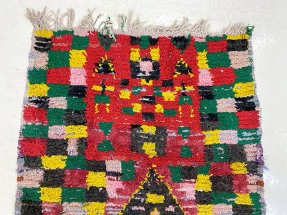 Narrow checkered runner, Moroccan vintage runner rug 3x8.5.