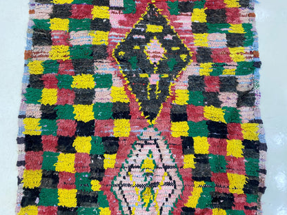 Narrow checkered runner, Moroccan vintage runner rug 3x8.5.