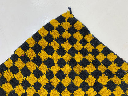 Black and Yellow Checkerboard Moroccan rug, 3x8.5 Runner.