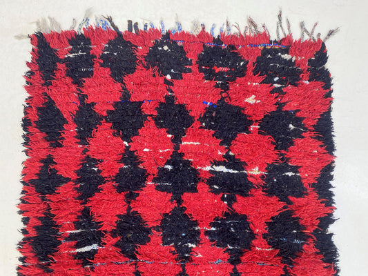 Modern Decor Black and Red 3x8.5 Runner Rug, Vintage Moroccan Wool Runner Rug.