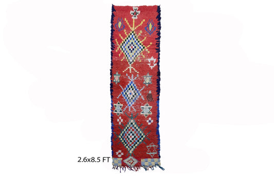 Vintage Moroccan Wool 3x8.5 Runner Rug, Berber colored diamond worn Rug Runner.