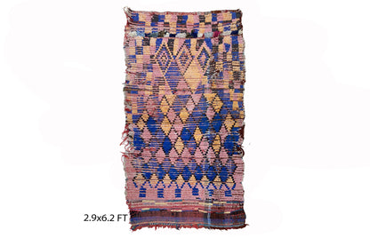 Handwoven Berber Moroccan Wool 3x6 Rug, Faded colorful diamond rug.