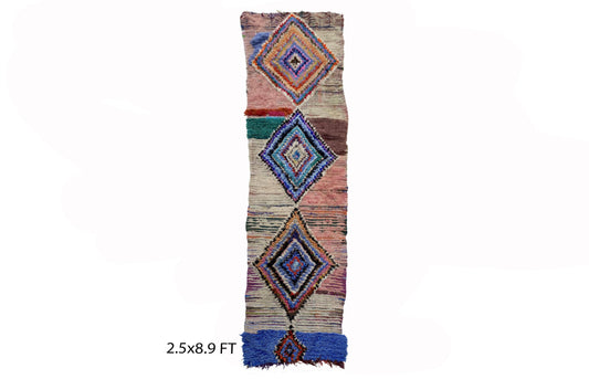Narrow Berber Moroccan 3x9 Rug Runner, Long Worn Diamond Runner Rug.