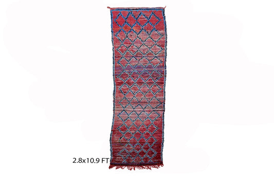 Moroccan Red Grid 3x11 Runner Rug, Hallway Vintage Berber Rug Runner.