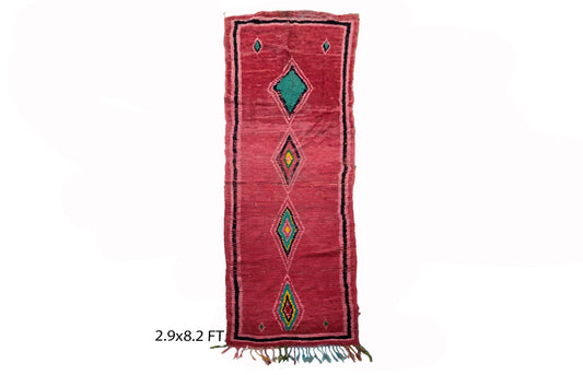 Vintage Handwoven Moroccan 3x8 Runner Rug, Rich Red Green Diamond Wool Runner.