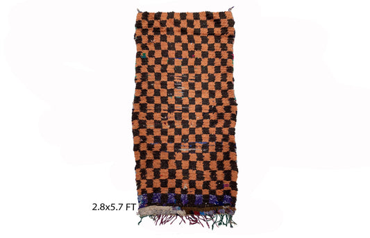 Moroccan Berber Checkered 3x6 Rug, Orange and Black Handwoven Wool rug.