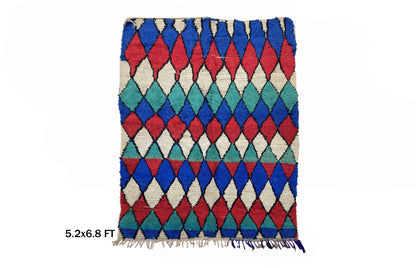 5x7 Colorful Diamond Moroccan Area Rug, Vintage Berber Style.
