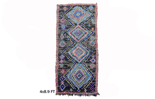 4x9 Moroccan Boucherouite Runner Rug, Vintage Boho Decor for Your Home.
