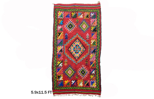 6x12 Wool Moroccan Area Rug, Vintage Colorful Design.