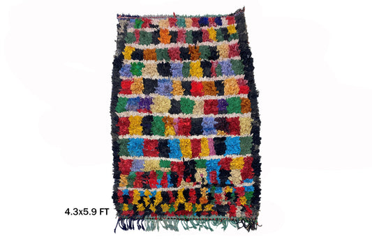 Moroccan Boucherouite Area Rug 4x6 , Bohemian Colorful Decor.
