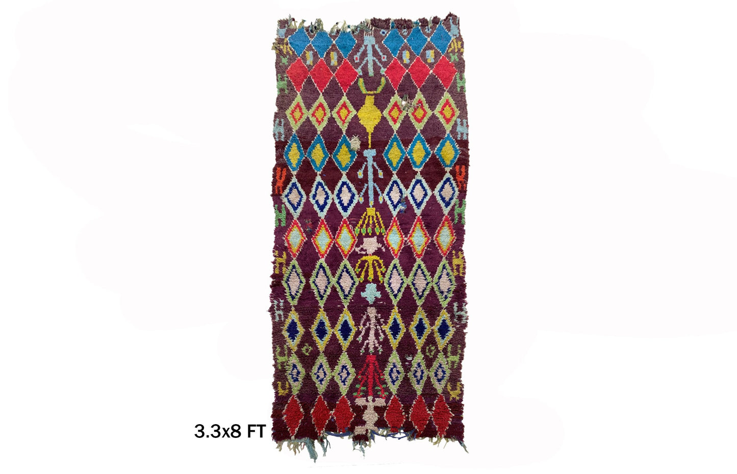 3x8 Diamond Vintage Moroccan Runner Rug, Berber Colorful Runner.