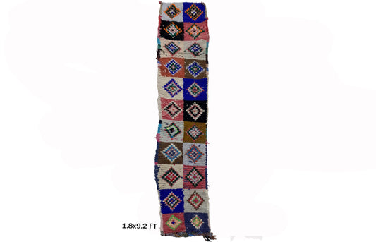 Tapis de couloir vintage étroit 2x9, motif diamant coloré.