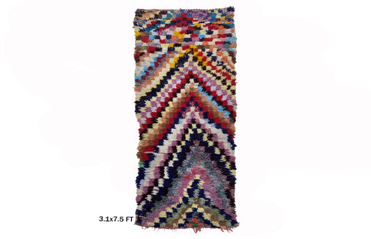 Checkered Moroccan Rug Runner, Berber Vintage Colorful 3x7.5 Runner.