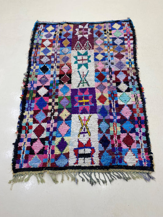 4x7 Diamond Moroccan Rug, Vintage Boucherouite Area Rug.