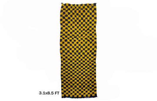 Black and Yellow Checkerboard Moroccan rug, 3x8.5 Runner.