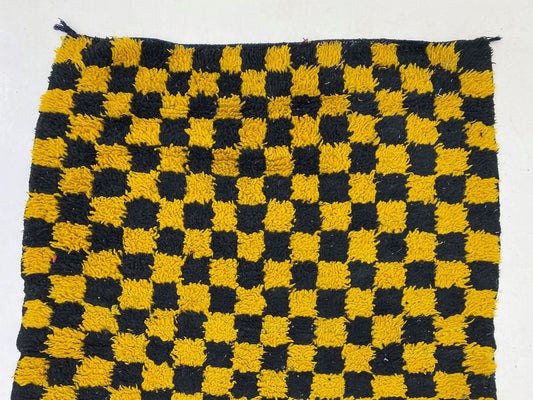 Black and Yellow Checkerboard Moroccan rug, 3x8.5 Runner.