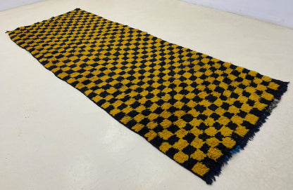 Black and Yellow Checkerboard Moroccan rug, 3x8.5 Runner.