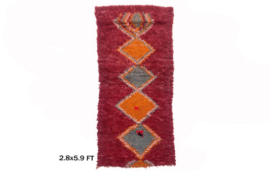 Vintage Moroccan 6x3 Rug in Red, Small Diamond Woven Rug.