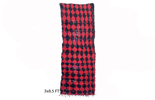 Modern Decor Black and Red 3x8.5 Runner Rug, Vintage Moroccan Wool Runner Rug.