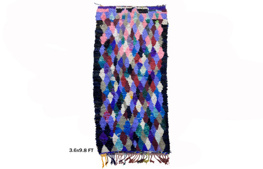 Moroccan 4x10 Runner, Diamond Vintage Runner Rug, Colorful Wool Berber Rug.