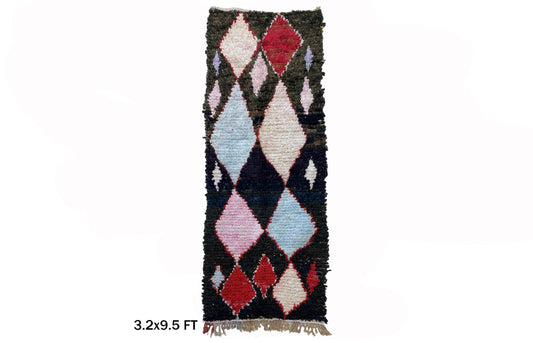 Tapis de couloir marocain Boucherouite 3x10, tapis vintage Diamond.
