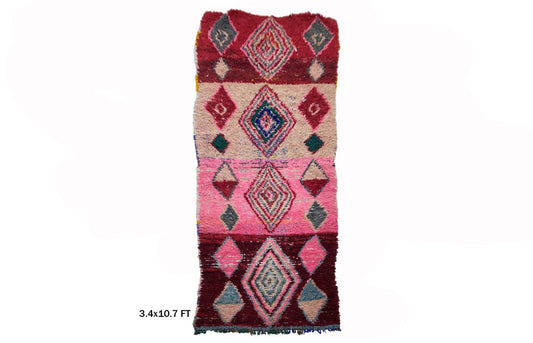 Vintage Bohemian Runner, 3x11 Moroccan Runner Rug - Colorful Diamond Pattern.