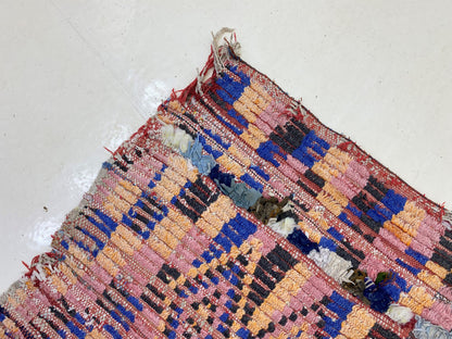 Handwoven Berber Moroccan Wool 3x6 Rug, Faded colorful diamond rug.