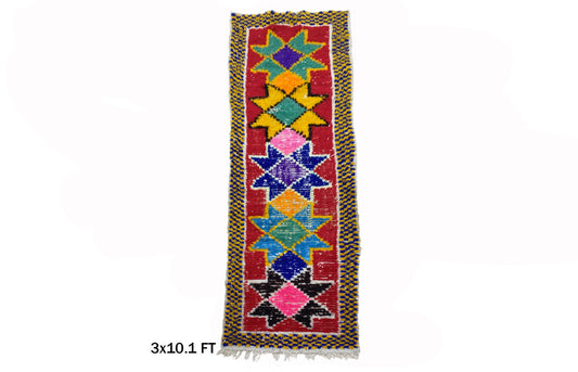Tapis marocain unique 3x10, décor bohème vintage, tapis berbère coloré.