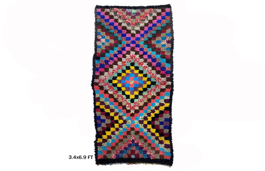 Vintage Colorful 3x7 Runner Rug, Checkered Moroccan rug.