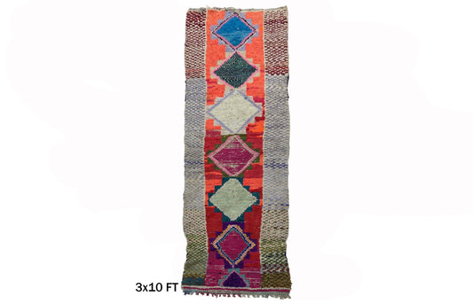 Moroccan Rug Runner, 3x10 Vintage Colorful Runner Rug, Bohemian Berber Runner Rug.