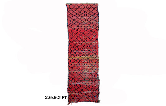 Red Moroccan Berber 3x9 Runner Rug, Long Diamond Rug Runner.