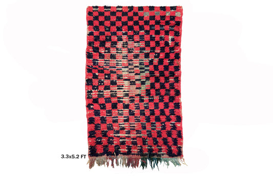 Checkered Black and Red Runner Rug, 3x6 Vintage Moroccan Rug.