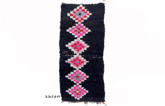 Vintage Diamond Runner, Unique Colorful Berber 3x8 Rug Runner.